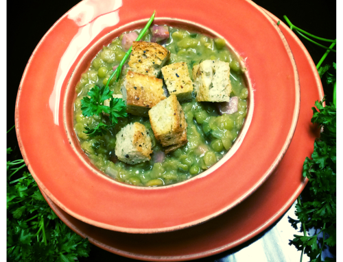 Rustic Split Pea Soup with Crispy Garlic Croutons
